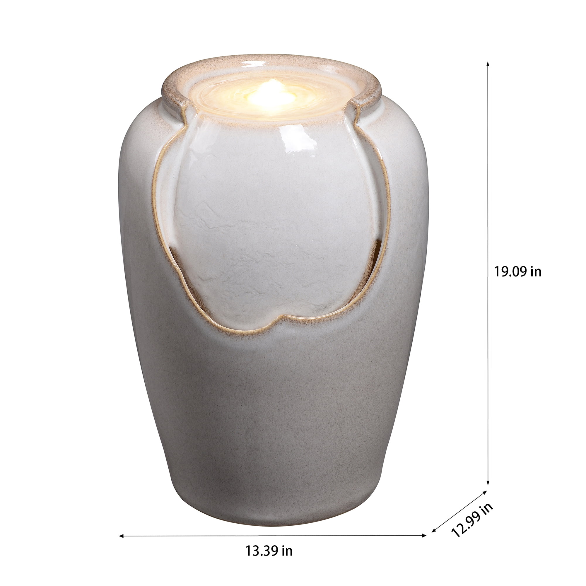 Ivory Ceramic Ripple Top Fountain, Decorative Water Fountain with LED Lights and Quiet Pump, Indoor Outdoor Water Feature for Patio, Garden, Deck, Balcony, Office and Home Décor