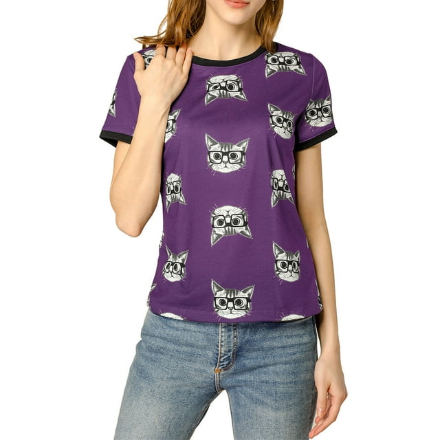 INSPIRE CHIC Women's Short Sleeve Contrast Cartoon Cat Pet Print Tee Ringer T-shirt Tops