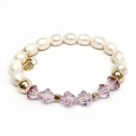 Julieta Jewelry Freshwater Pearl and Purple Swarovski Crystal Chloe 14kt Gold over Sterling Silver Stretch Bracelet