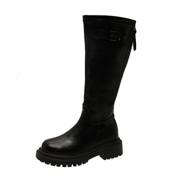 Black Women Fashionable Knee-High Boots Featuring Round Toe And Rear Zipper Design Chunky Low Heel