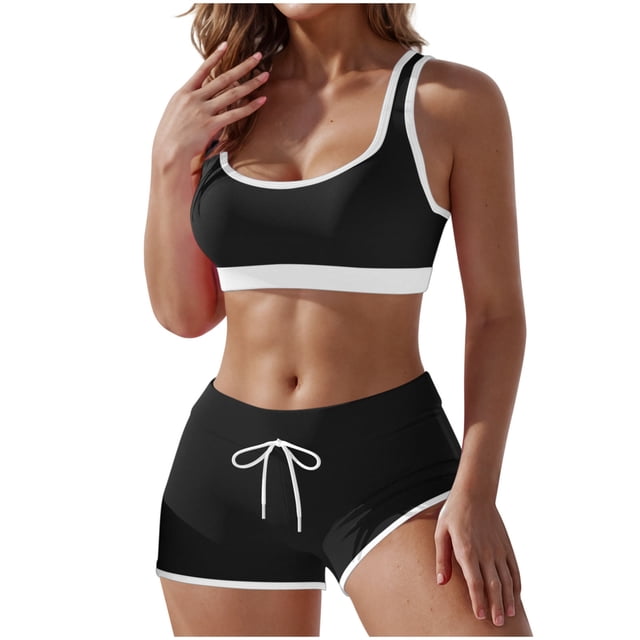 Two-piece Swimsuit for Women with V-Neck Camisole Top and Boyshort Bottom, Polyester-Spandex Blend, Solid Color, Split Design, Regular Length