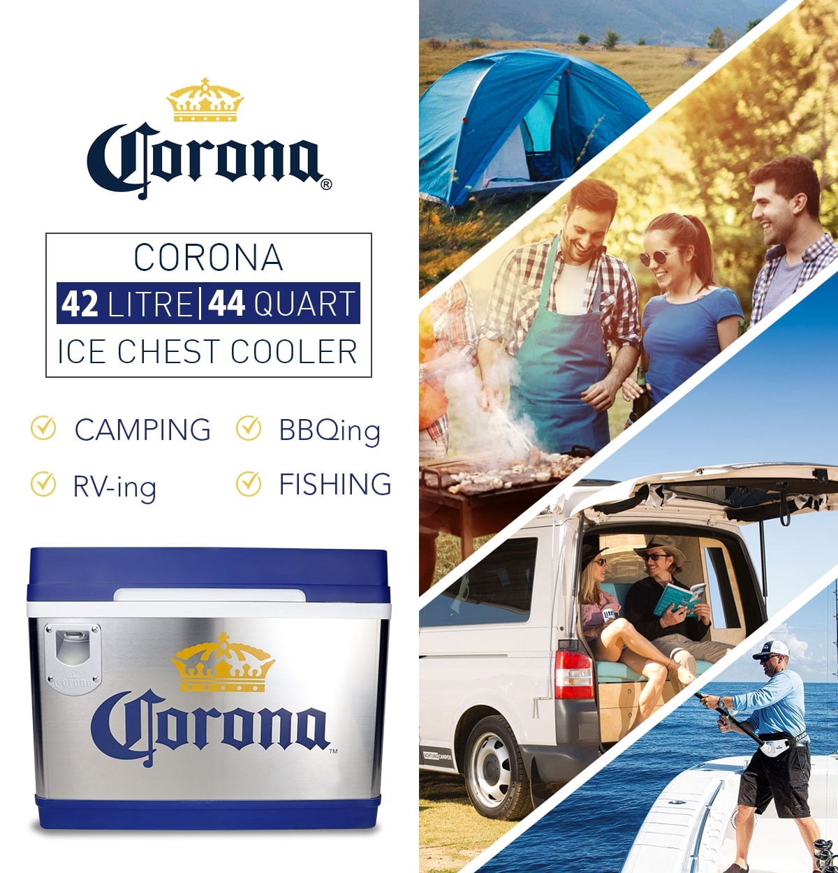 Corona Cruiser 45L (48 qt) Portable Cooler with Bottle Opener, Thermoelectric Travel Fridge, 12V DC/110V AC, Silver and Blue