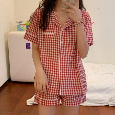 

CoCopeaunt New Women Short Sleeve Tops+Pants 2 Pieces Pajamas Set Korea Style Student Plaid Print Sleepwear Pijimas Loungewear Pyjamas