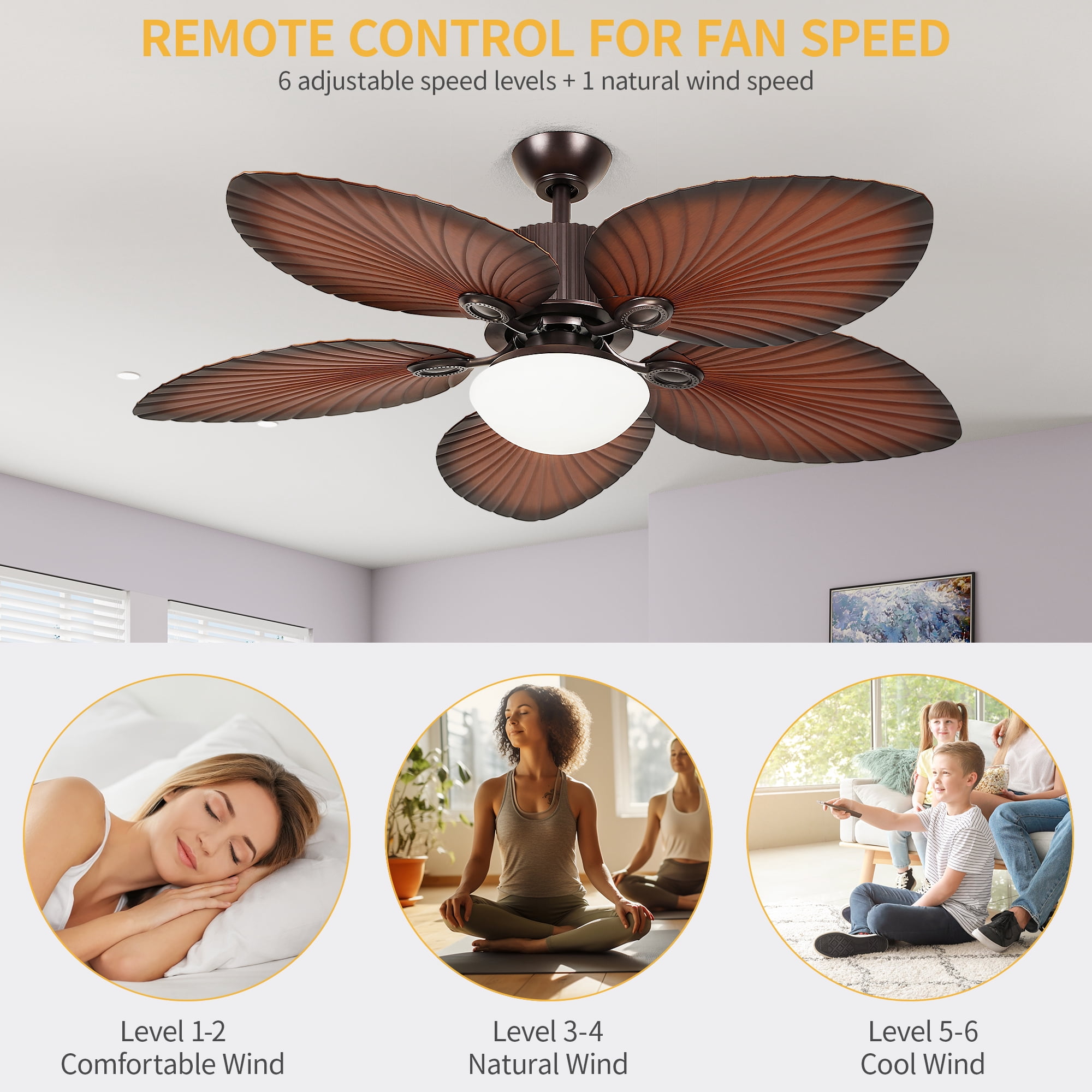 Uforic 52" Espresso 5-Blade Ceiling Fan with LED, remote control, 6-speed quiet DC motor, reversible, Walnut