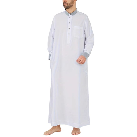 JAJAHO Mens Kaftan Abaya Thobe Long Sleeve Button Down Collared Pocket Ankle Length Robe Arab Traditional Clothes