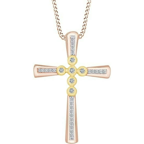 925 Sterling Silver 14K Rose & Yellow Two Tone Gold Plated Round Cut Sparkling White Diamond Cross Pendant Necklace For women