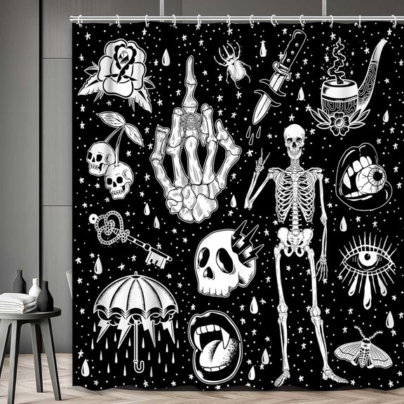 Halloween Funny Skull Pink Fall Shower Curtain, Gothic Skeleton Horror Art Pink Fabric Bathroom Decor Curtain Happy Halloween Party Bathroom Decor 66x72in