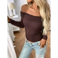 thumbnail image 2 of Womens Long Sleeve Off Shoulder Shirts Tight Fitted Y2K Ruched Tee Tops Blouses 2025 Trendy Outfits Coffee Color XL, 2 of 8