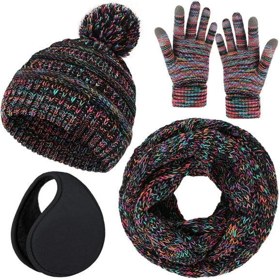 Winter Hat Scarf Gloves and Ear Warmer, Warm Knit Beanie Hat Touch Screen Gloves Set Winter Gifts Neck Scarves for Women