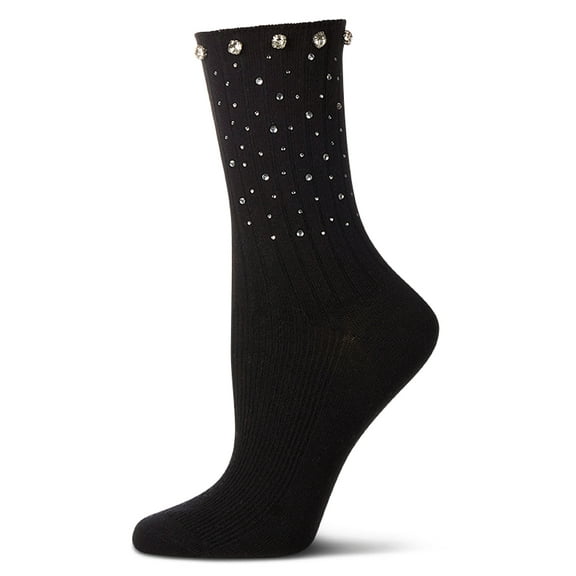 MeMoi Women's Ribbed Rhinestone Studded Cotton Rich Crew Sock - Womens - Female, 9-11, Med Gray Heather