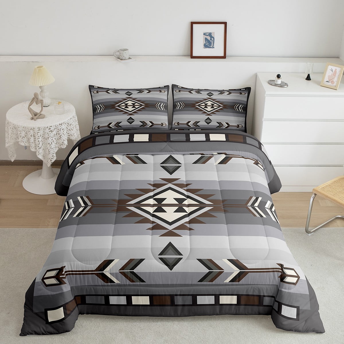 Rustic Western Queen Comforter Set American Southwestern Bedding Set For Boys Men Bohemian Aztec Quilt Bedding Sets Exotic Tribal Bed Set Brown Grey Farmhouse Decor 3 Pcs