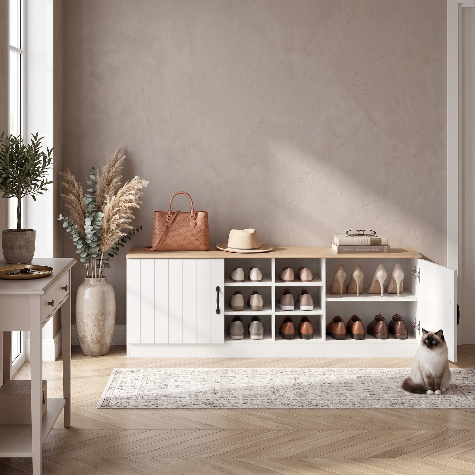 Furnibear 59 Inch 2-Door Shoe Bench Storage Cabinet with 6 Compartments and Adjustable Shelves for Entryway and Hallway, Natural