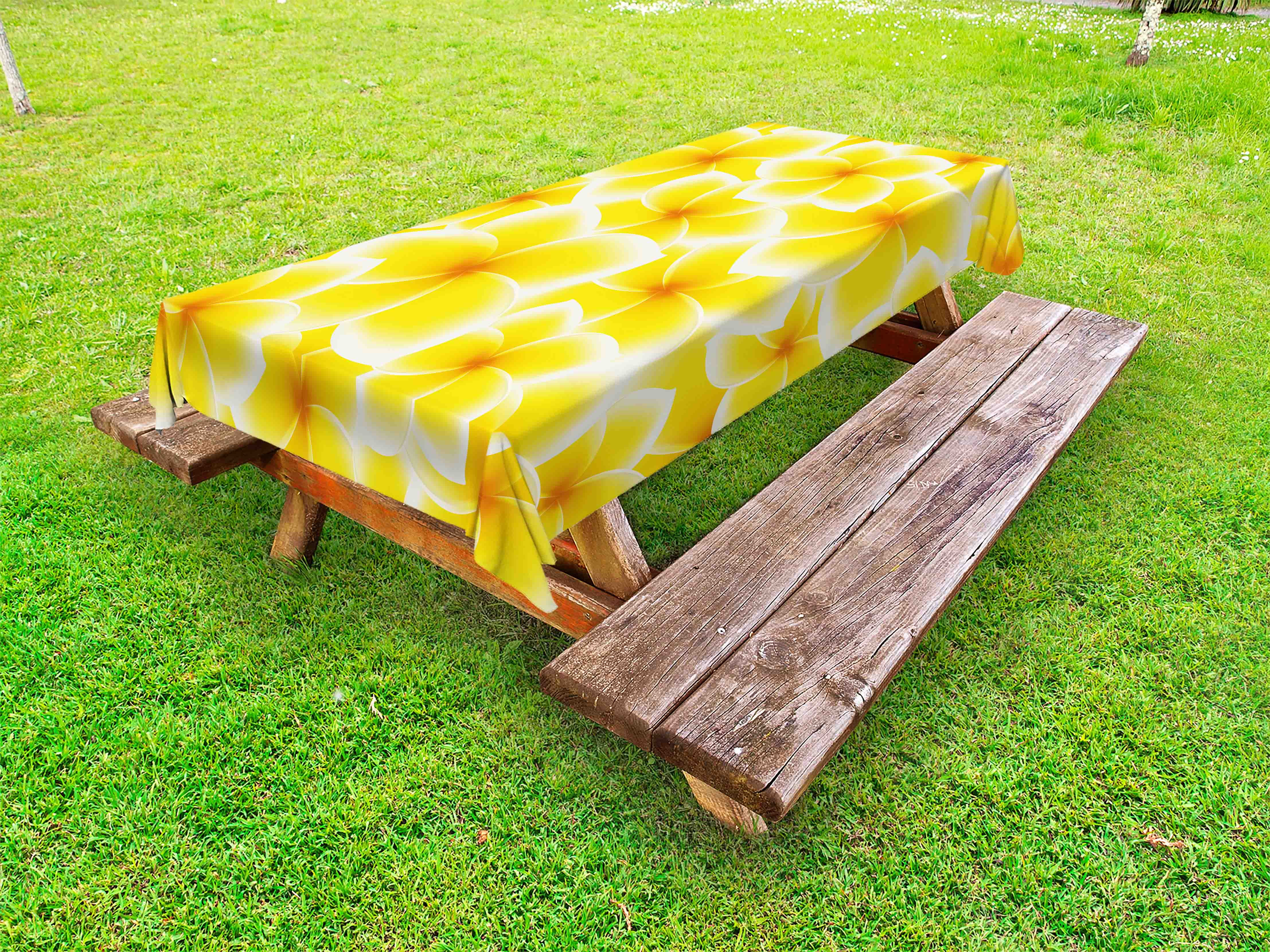 Yellow Outdoor Tablecloth, Plumeria Frangipani Asian Cute Flower Blossom Pattern Hawaiian Style