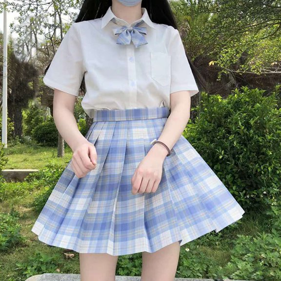 FASHOFT Womens Plaid Pleated Skirt A Line Anti Chafing Mini Bottom High Waist Design Daily Safe Casual Short Skirt Blue