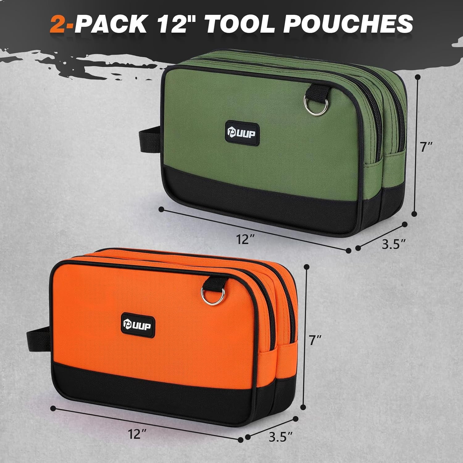 General 12 Inch Small Tool Bag, Zipper Tool Pouch Two Compartments Heavy Duty, Utility ToolBag with Carrying Handle D-Rings, Tools Storage Organizer for Electrician Mechanic, Gift for Men Dad,Green