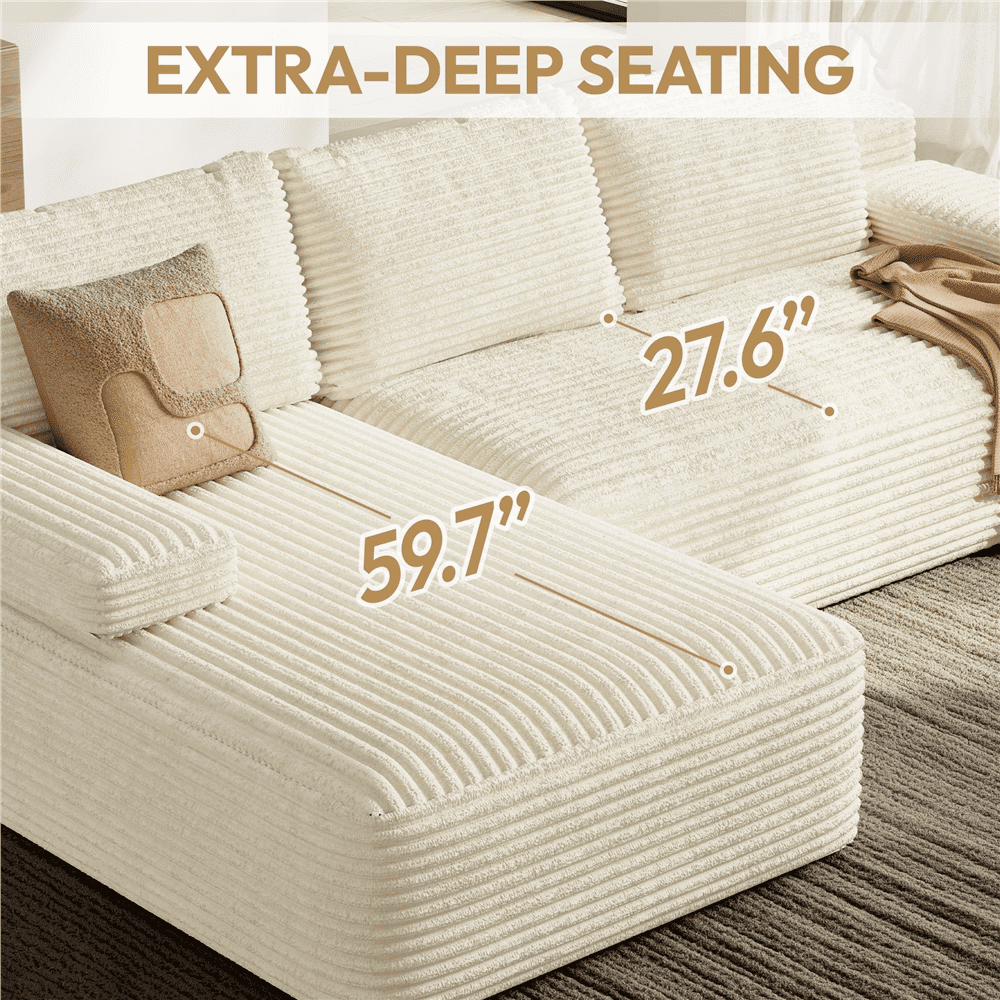 Renwick 110" L-Shaped Cloud Couch, Boneless Corduroy Sectional Sofa with 3 Detachable Pillows for Livingroom, Beige