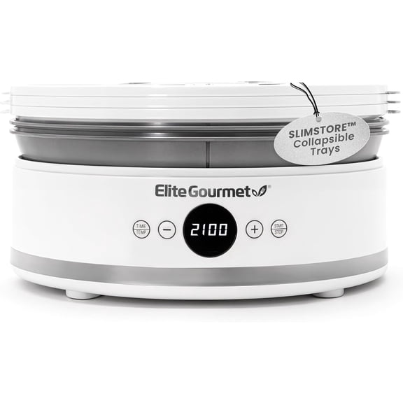 Elite Gourmet EFD329WD Digital Food Dehydrator with 5 BPA Free SlimStore™ Collapsible Trays for Compact Storage, Adjustable Timer and Temperature Controls, Jerky, Herbs, Fruit, Veggies, Snacks, White