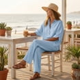 thumbnail image 5 of Textilo Women's Cotton Linen 2 Piece Sets Batwing Sleeve Shirt and Wide Leg Pants Outfit Button V Neck Outfit 2026 Boho Casual Summer Travel Vacation Trendy Outfits Tracksuit,Light Blue S, 5 of 6