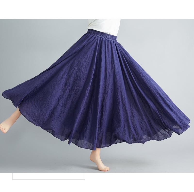 Women Bohemian Cotton Linen Double Layer Elastic Waist Long Maxi Skirt Navy  - Walmart.com