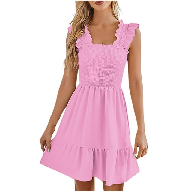 Staron Robes en Liquidation pour Femmes 2025 Décontractées d'Été à Volants Sans Manches à Étages Robe Fluide de Plage à Encolure Carrée Smockée Boho Ligne A Robes d'Été Roses P