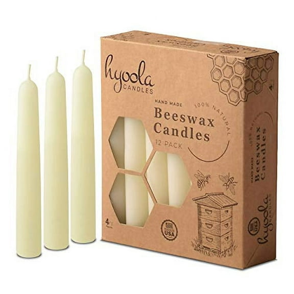 Hyoola 4 Hour Handmade All Natural Beeswax Taper Candles - White Unscented (12 Pack)