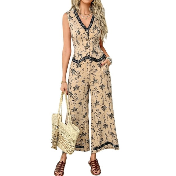 Womens Two Piece Sets Summer Vacation Outfits Button Down Resort Wear 2025 Long Matching Sets Khaki S