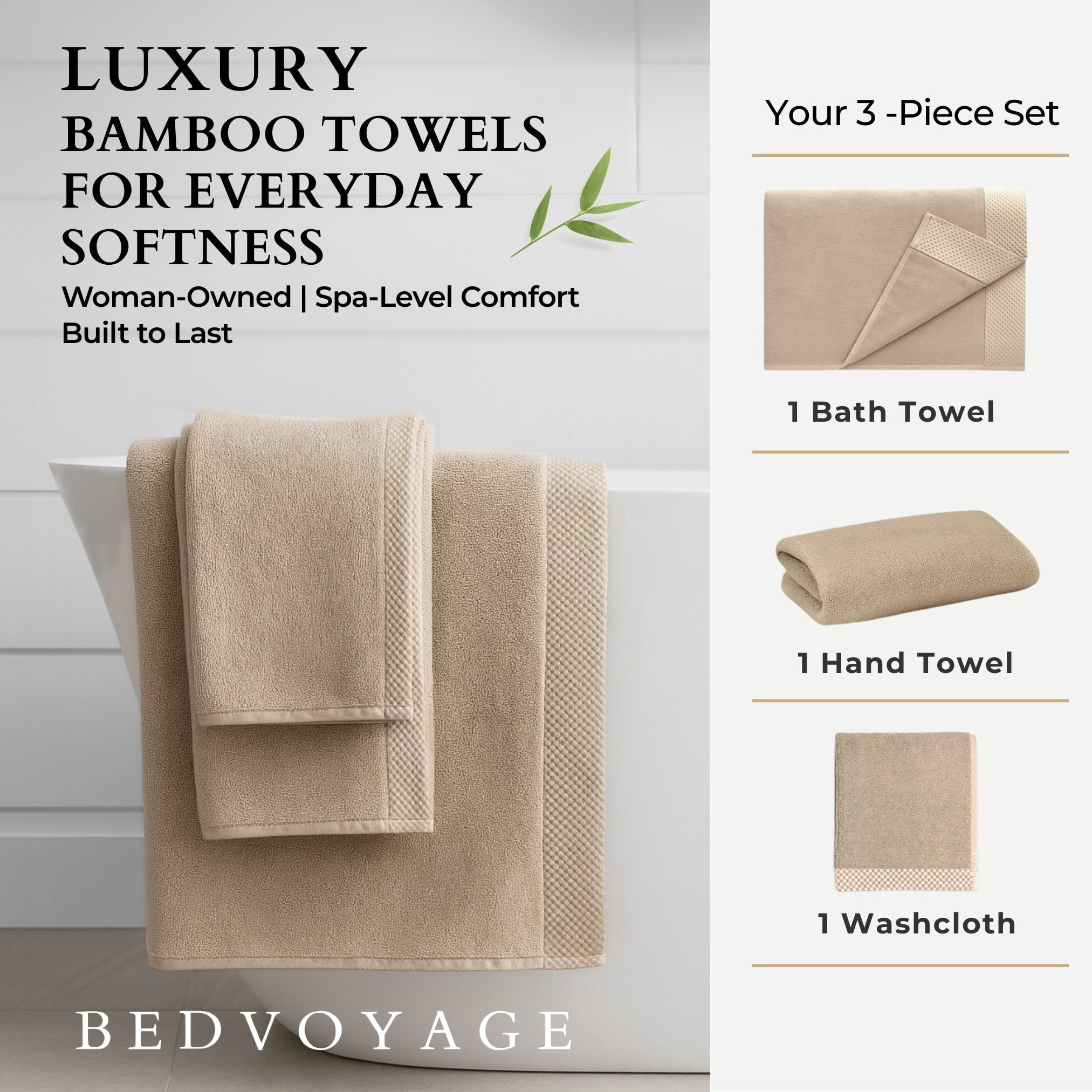 BedVoyage Towel Set 3pc - Viscose from Bamboo + Cotton - 600 GSM - Absorbent & Odor Resistant - Champagne