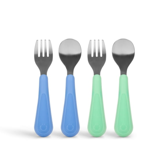 Ubbi Stainless Steel Toddler Utensil Set, Includes 2 Forks & 2 Spoons, Polaris Blue & Sugar Snap Green, 4 Pack, Food Grade Silicone