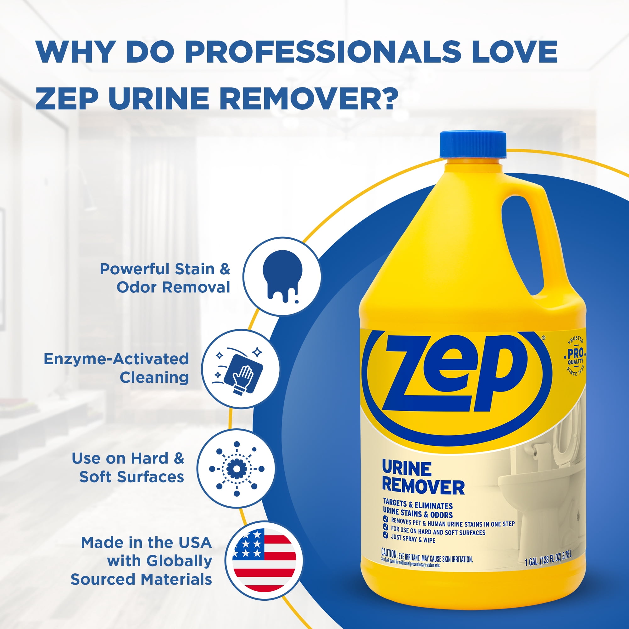 Zep Urine Remover - 1 Gallon (Case of 4) ZUURMV128 - Targets and Eliminates Urine Odors and Stains, Use On Hard and Soft Surfaces