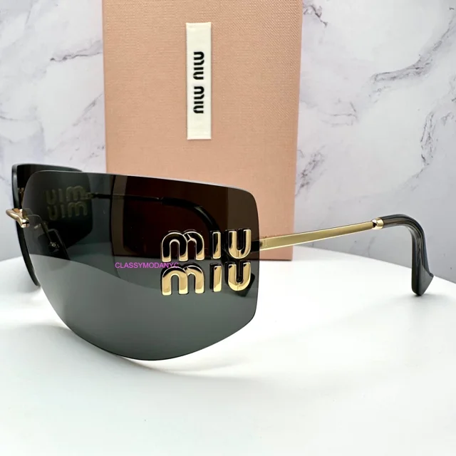 MIU MIU Sunglasses Gold Wrap Square Metal Logo Italy w/ Box & Case Gray Lens