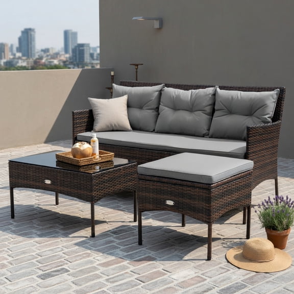 Hommoo 3-Piece Modern Outdoor Patio Sectional Set with Steel Frame, All-Weather Rattan Sofa, Ottoman & Tempered Glass Coffee Table, Includes 5 Cushions, Gray