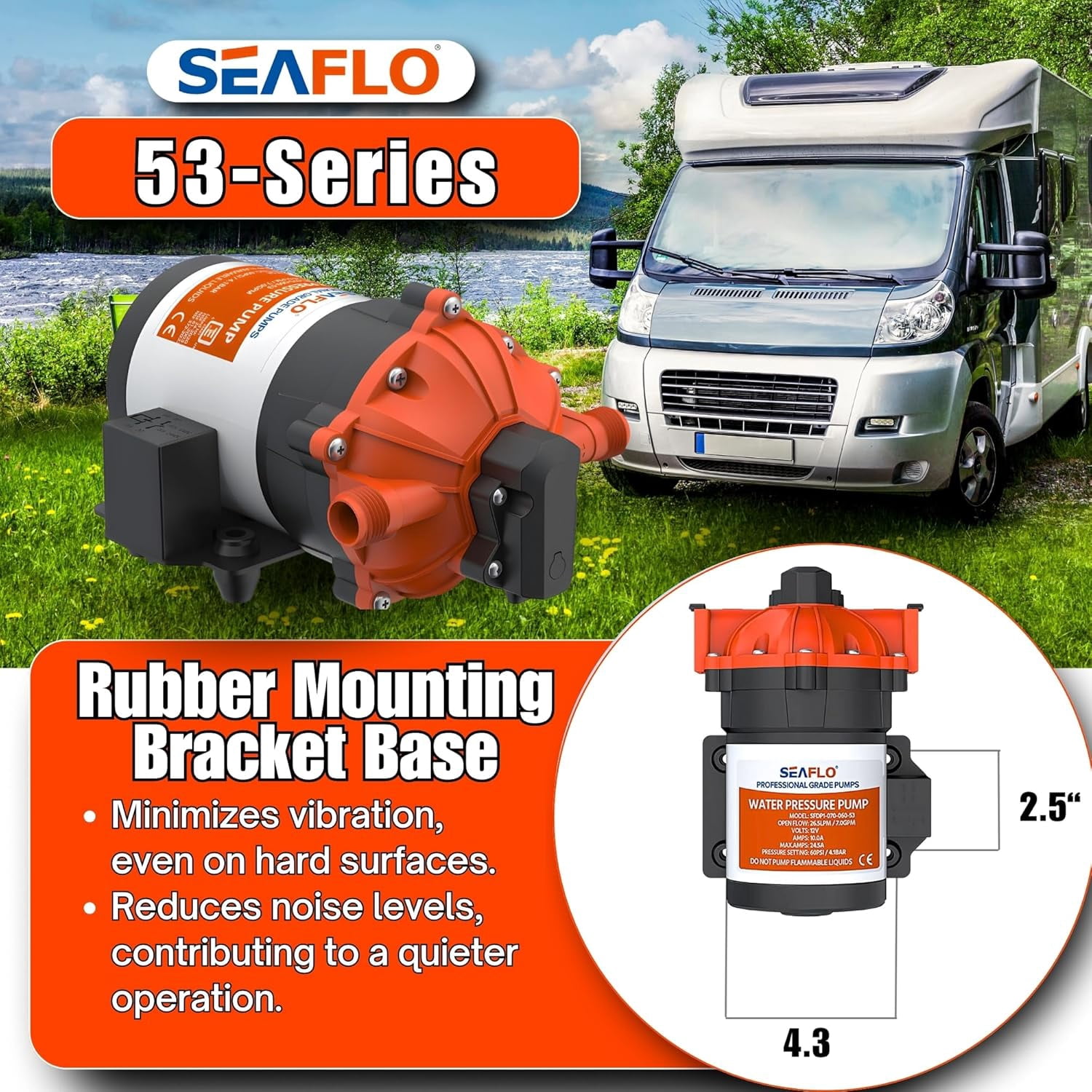 SEAFLO 53-Series DC Diaphragm Water Pump – 7.0 GPM, 60 PSI, 12V | Heavy-Duty, Self-Priming, Bypass with Pressure Switch, Continuous Duty, 4-Year Warranty