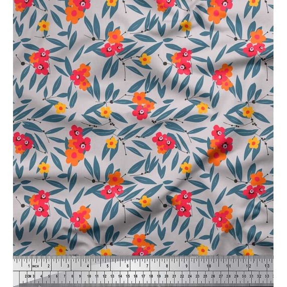 Soimoi Grey Silk Fabric Leaves & Floral Artistic Printed Fabric 1 Yard 42 Inch Wide
