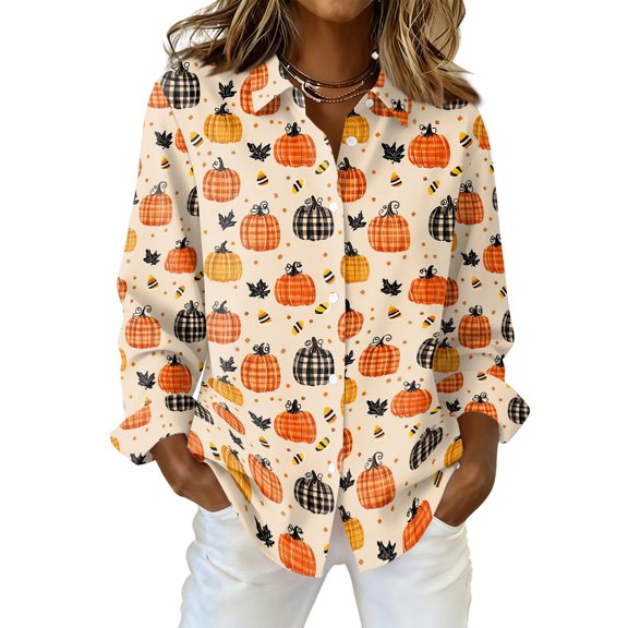 Delconic Womens Halloween Print Button Down Shirt Long Sleeve Casual Regular Fit Collared Blouse Pumpkin Pattern Top Beige L