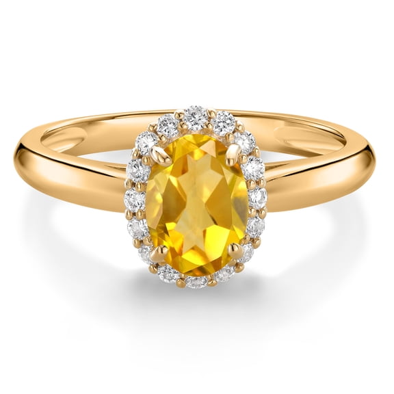 Gem Stone King 10K Yellow Gold Yellow Citrine and White Lab Grown Diamond Halo Engagement Ring for Women (0.88 Cttw, Gemstone November Birthstone, Oval 7X5MM, Size 9)