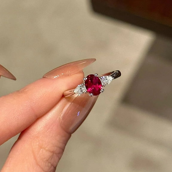 14K Gold Plated Ring with 6*8mm Oval-Cut Simulated Red Ruby Ring.