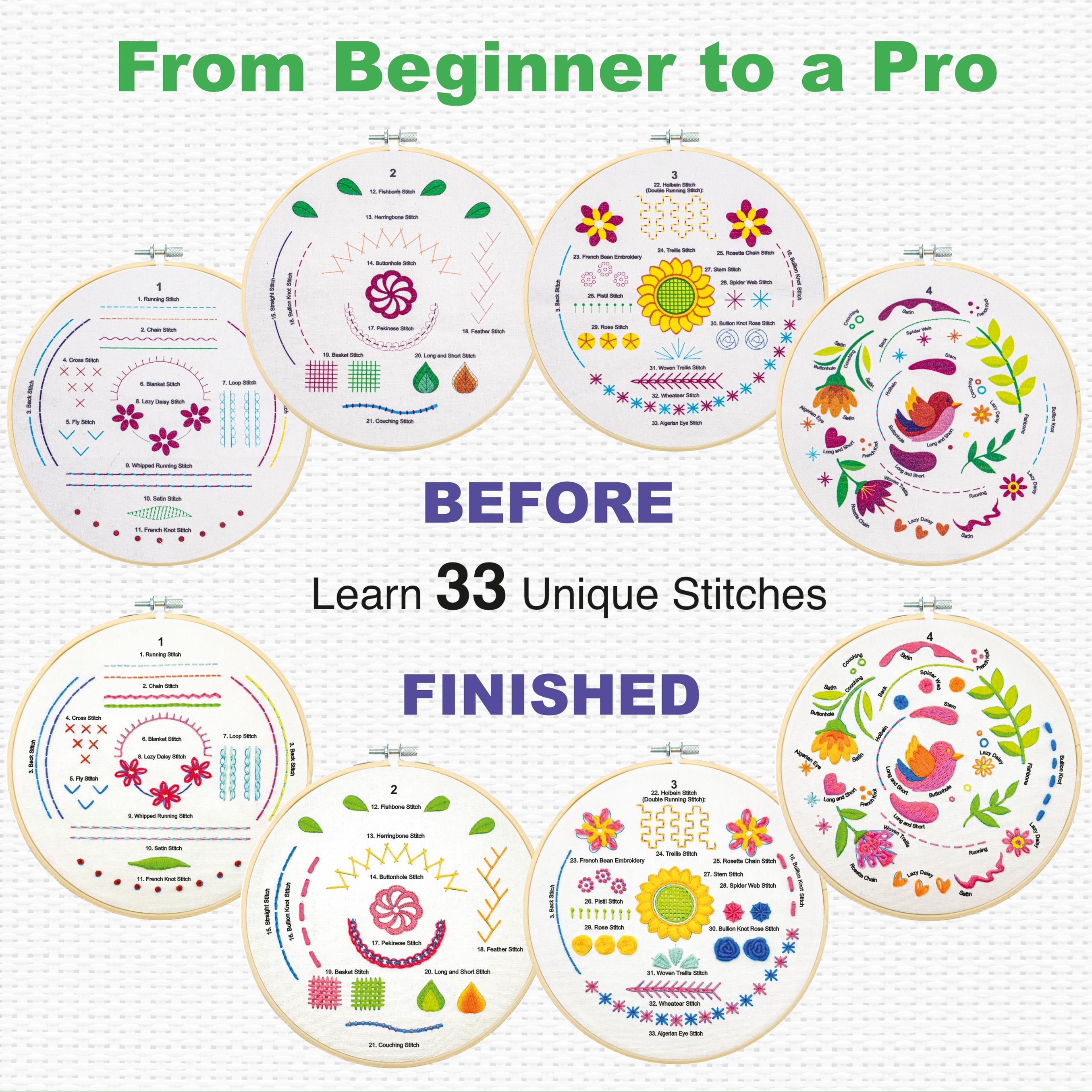 aZenera Embroidery Kit for Beginners - Learn 33 Stitches with Video Instructions, Cross Stitch Tutorials, Hoop, 4 Pattern Designs