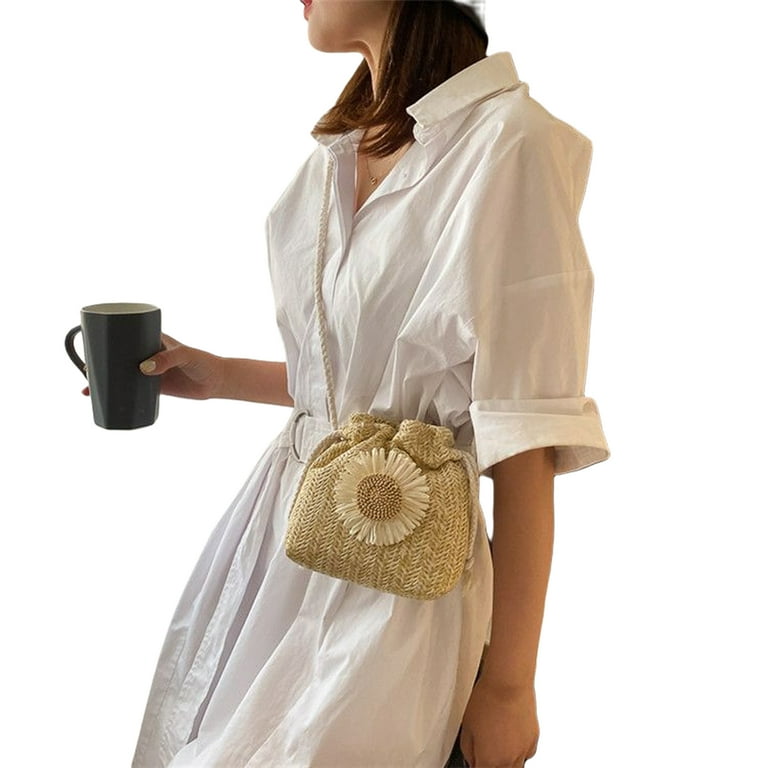 Women Girls Straw Shoulder Bag, Daisy Woven Bucket Bag, Summer