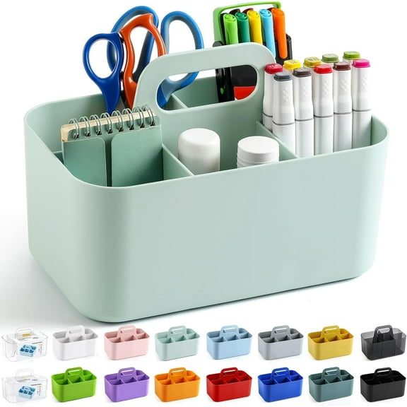 Ahot Multiuse Caddy Organizer with Handle - Stackable Plastic Tote Bin - Art Craft Supplies, Office, Desk, Stationery Pen Holder, Kitchen, Utensil, Makeup, Bathroom, Shower, Cleaning- Mint
