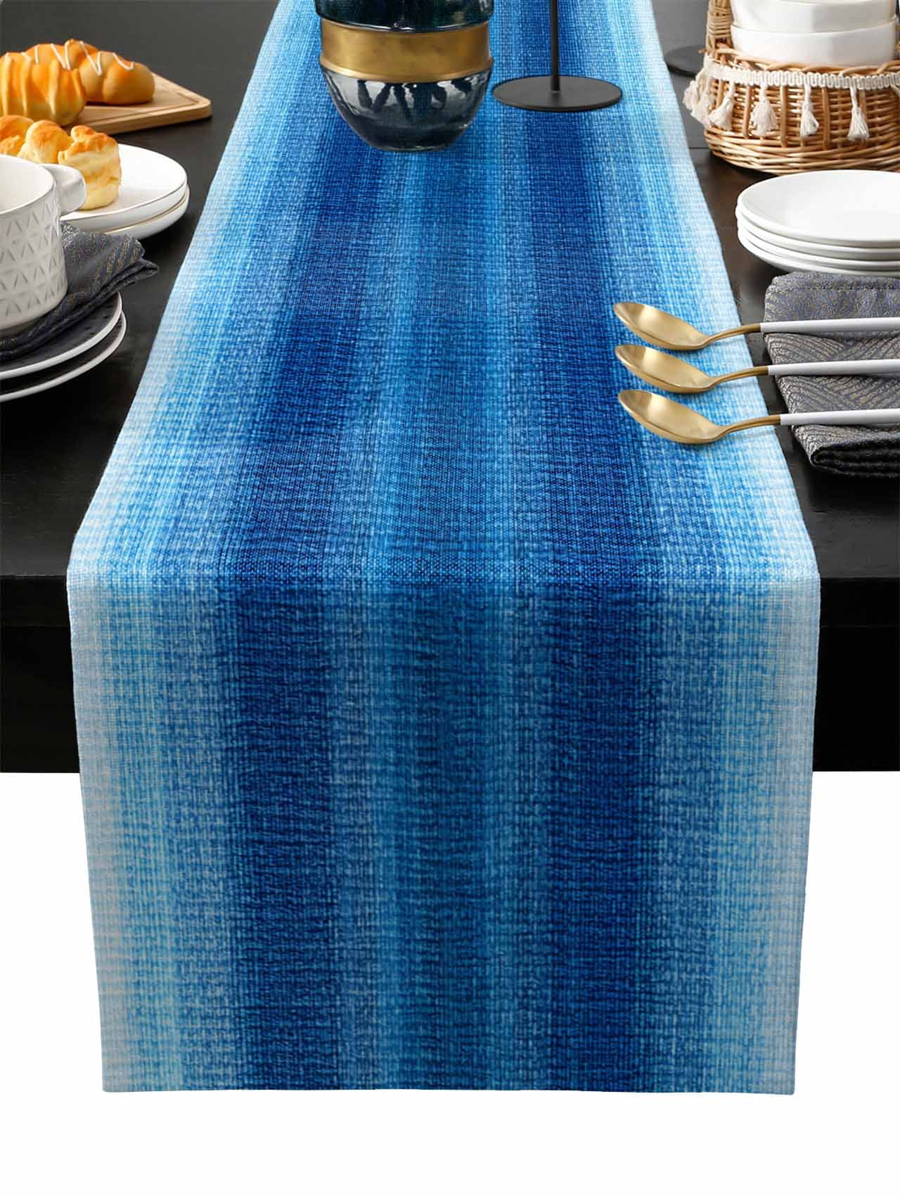Blue Ombre Stripes Cotton Linen Table Extra Long Runner 13 x 120 inch Modern Gradient Abstract Texture Non-slip Rectangular Dining Table Decor for Wedding Party Holiday Dinner