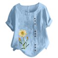 thumbnail image 2 of ICHUANYI Clearance Women's Short Sleeved Casual Plus Size Round Neck Flower Printed Loose Button Cotton Linen Top(Blue, XL) ICHUANYI WER2023080814113, 2 of 5