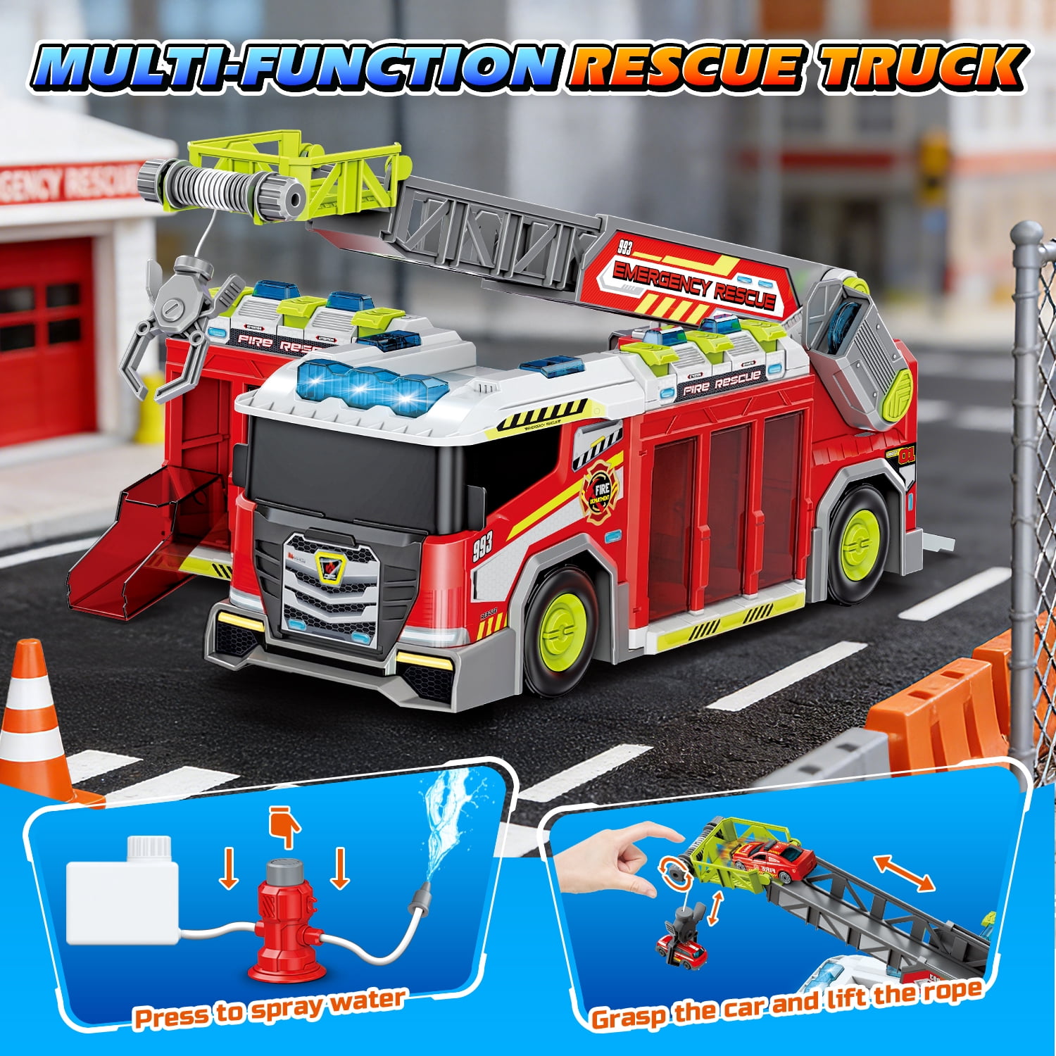 Carsky Fire Truck Toy with Storage Track, Lights & Sound Rescue Playset, City Garage Carrier Truck with Megaphone & Mini Cars, Role Play Gift Toys for Boys Girls