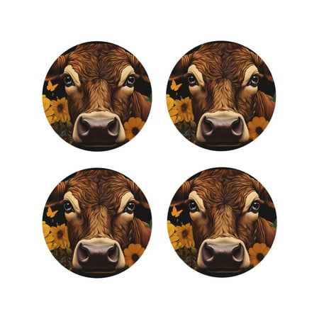 

Matuu Sunflower Butterfly Cow for Cup Coasters Set of 4 Leather Coasters Desk Coasters for Office Measures 4” x 4”-Round Shape