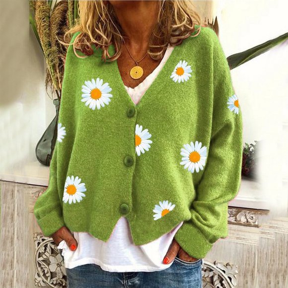 IMENGL Warm sweater top coat cardigans daisy printing long sleeve V-neck cropped elegant sweater top, Green 2XL, Size M-2XL