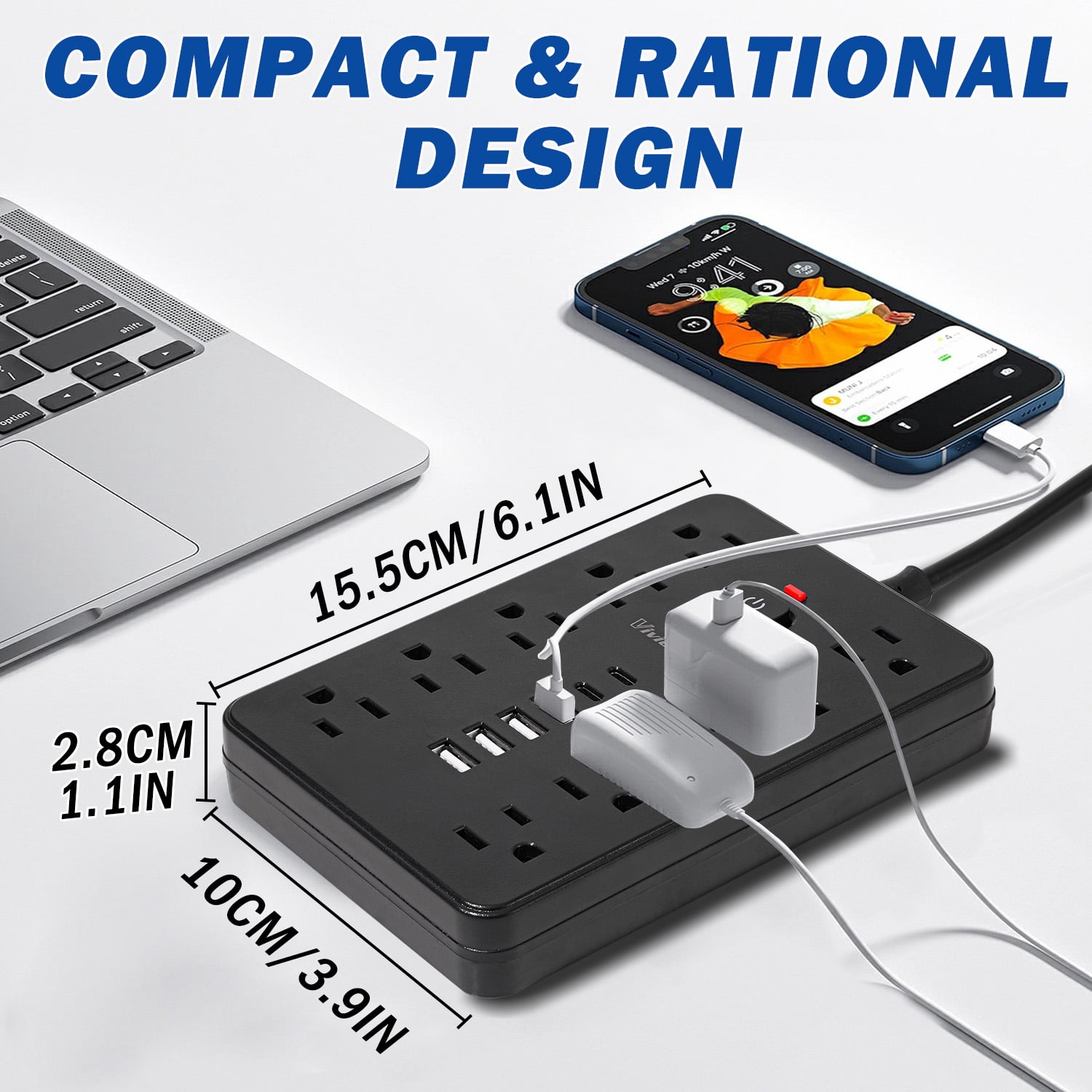 Vivicreate 15-in-1 Power Strip Surge Protector with 10 AC Outlets, 4 USB-A and 2 USB-C Ports, Ultra Flat Plug 3 ft Extension Cord, Wall Mount Charging Station for Home Office Dorm
