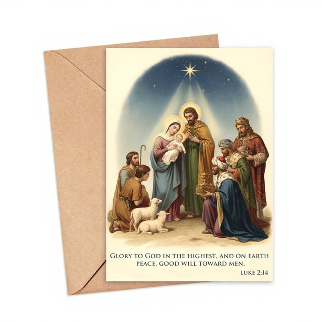 Tarjeta de Navidad TeloNook con escena de la Sagrada Familia con sobre 2025