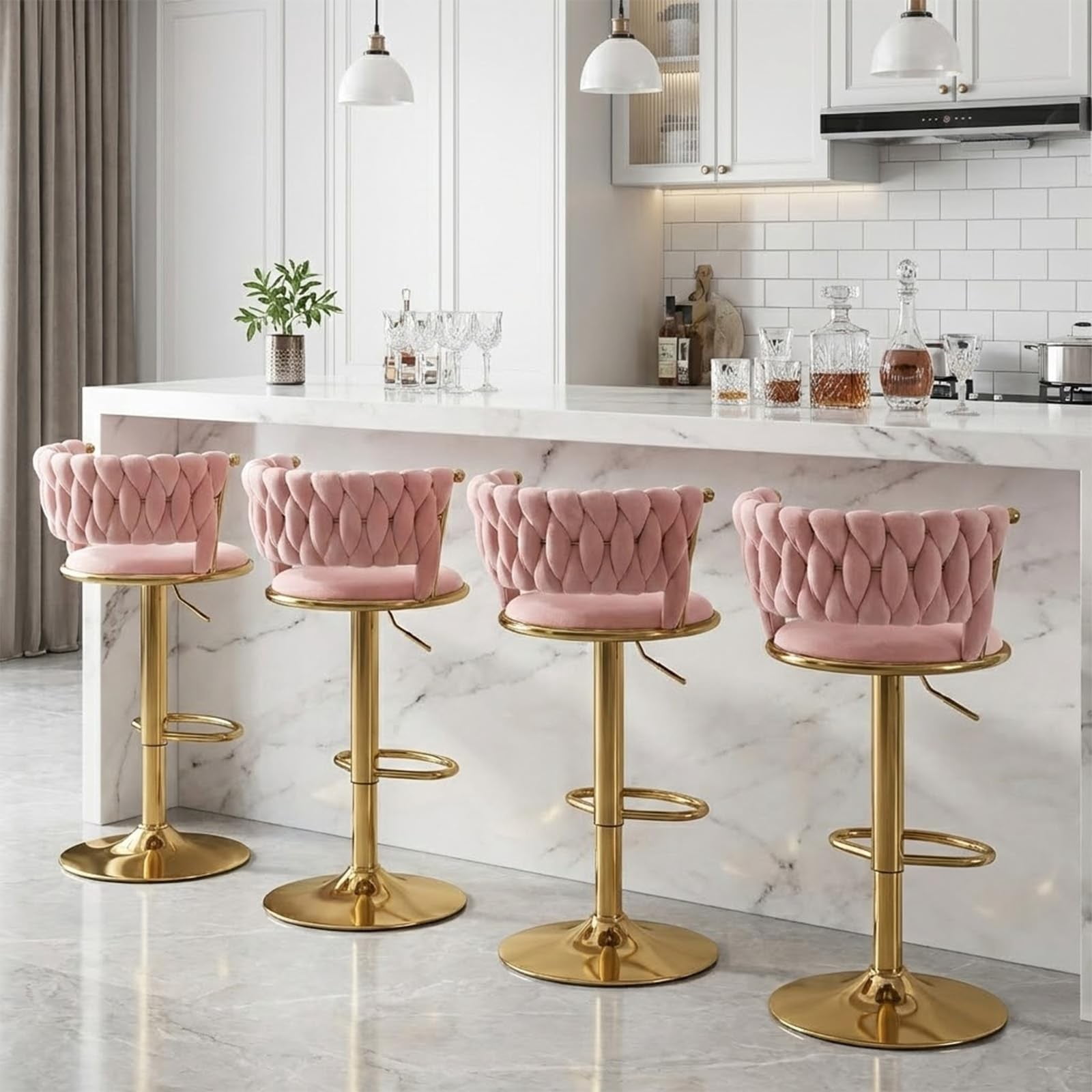 Set of 2 360° Swivel Velvet Bar Stools, Adjustable Counter Height Bar Chairs with Gold Metal Base & Low Back, Modern Kitchen Island Barstools for Dining Room & Pub, Pink
