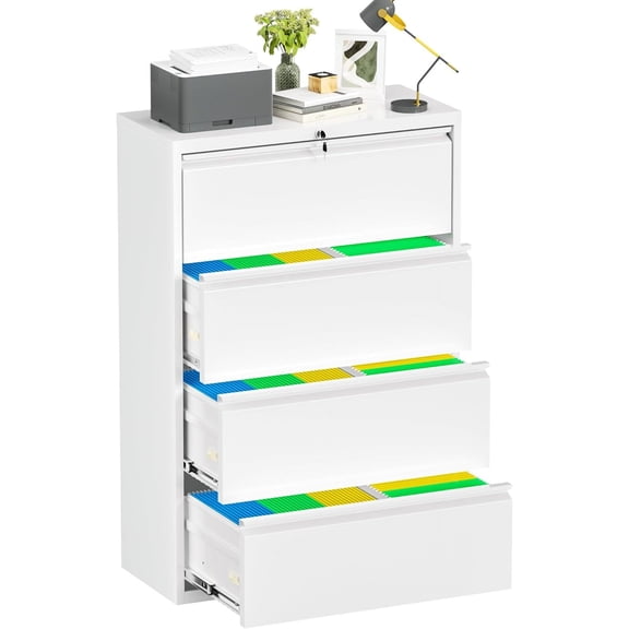 Crownland Lateral File Cabinet with Lock, 28" W Metal Office File Cabinets with 4 Drawers for Home Office, Lockable File Cabinet for Legal/Letter/A4/F4 Size(White)