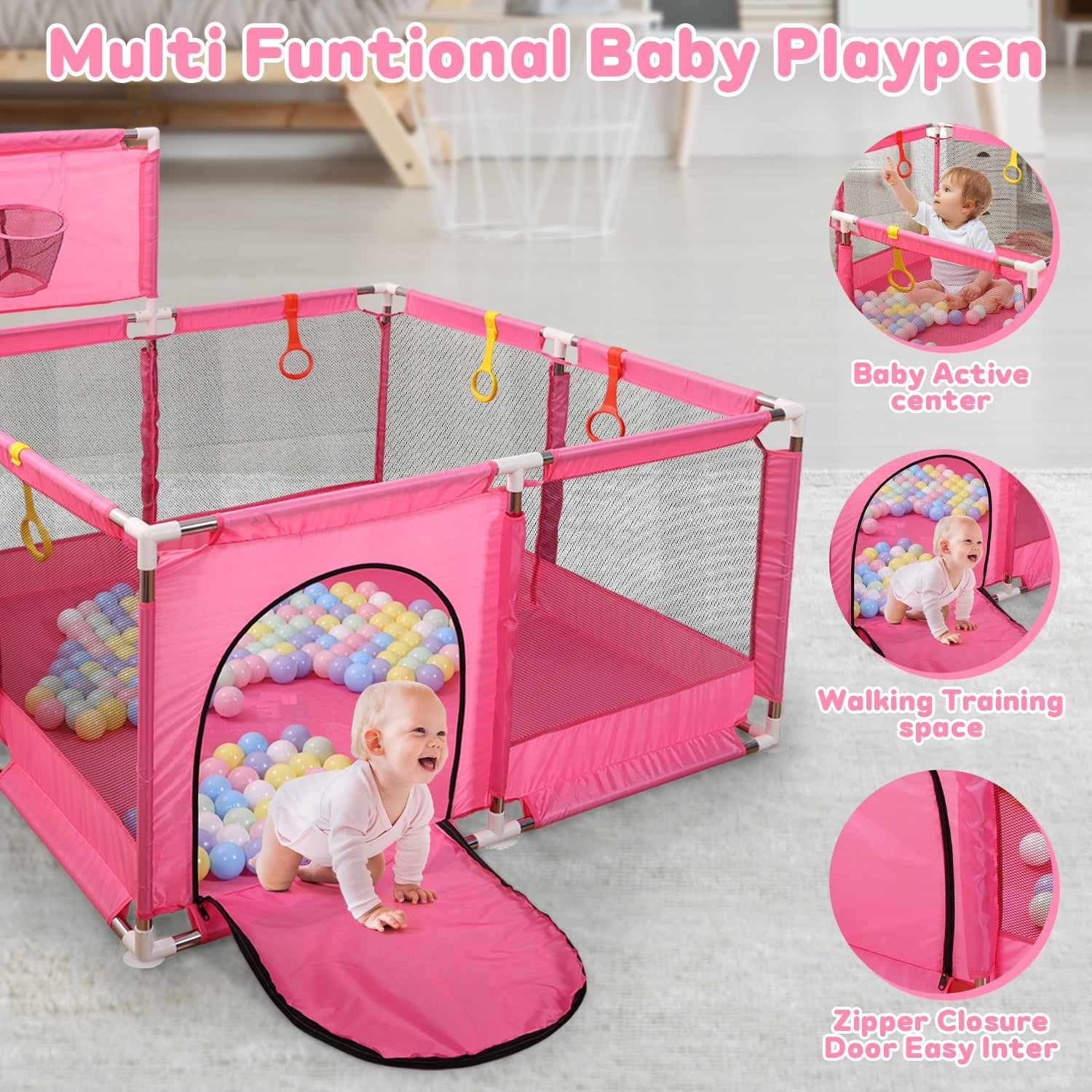 JoyStone 50 x 50 Baby Playpen with 30 Ocean Balls, Soft Mesh Sides, Basketball Hoop & Pull Rings, Indoor Baby Fence for Toddlers, Pink
