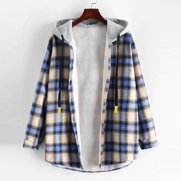ICHUANYI Clearance Women's Casual Long Sleeve Plaid Buttoned Curved Hem Hooded Warm Coat Jacket(Blue, XL) ICHUANYI WER2023081402634
